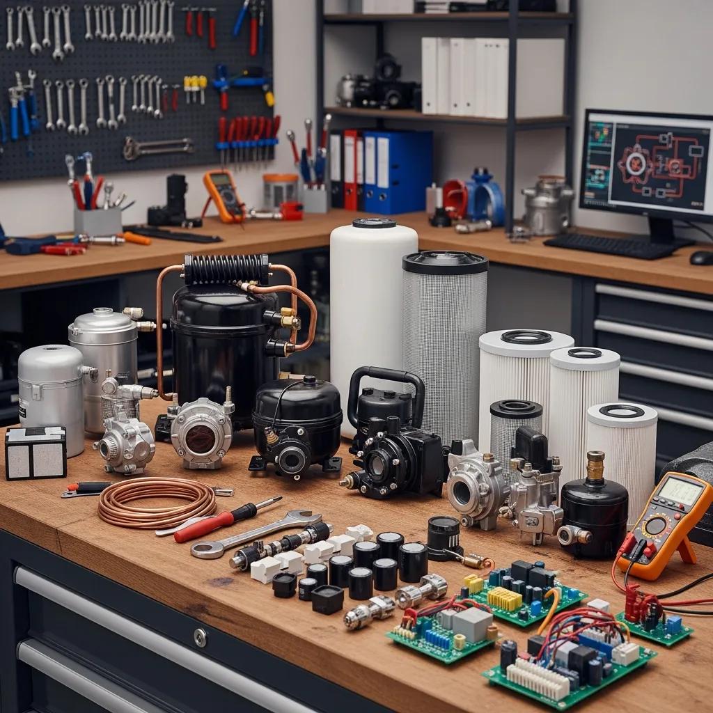 Fast and Affordable HVAC Repair: Heat Pump Professionals 2 Heat pump components and common replacement parts on a workbench