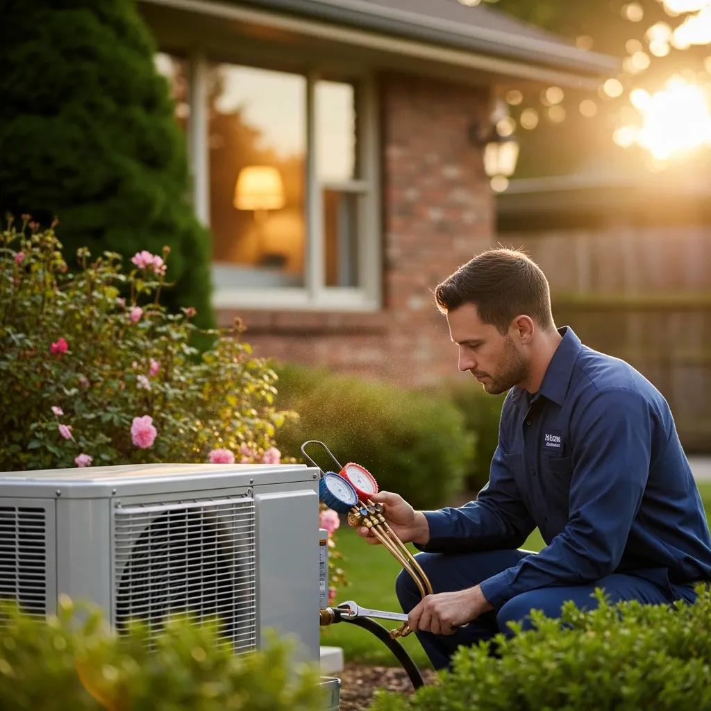 Technician inspecting a heat pump system in a cozy home environment