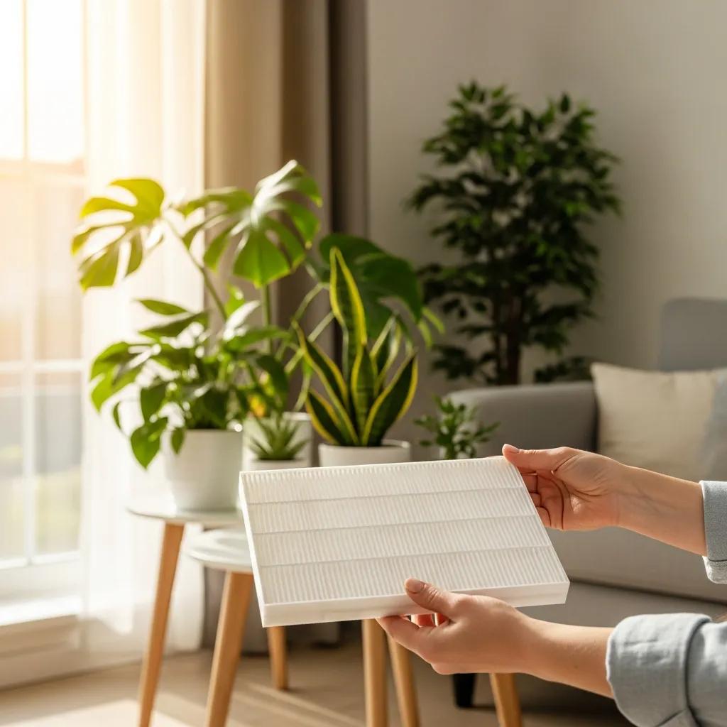 HVAC air filter held by a homeowner in a bright living room, highlighting air quality importance