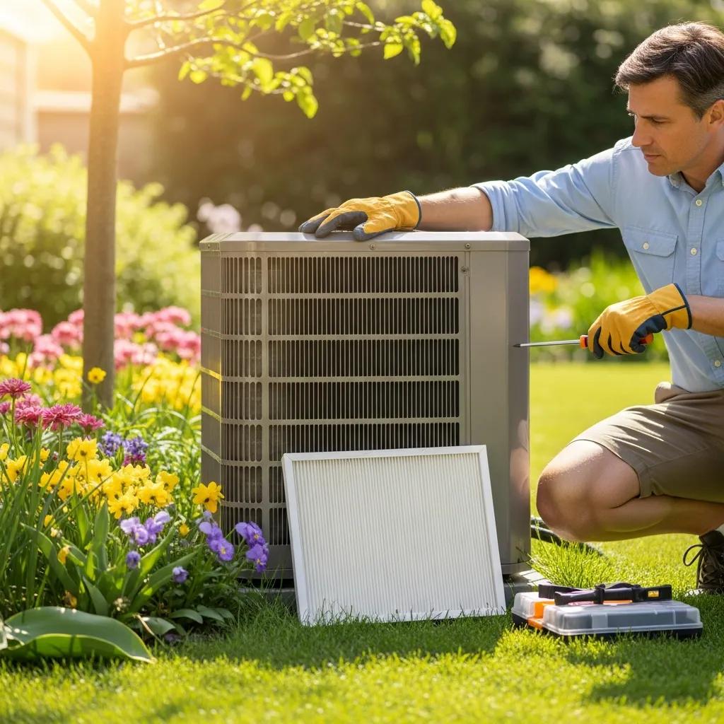 Homeowner inspecting air conditioning unit in spring