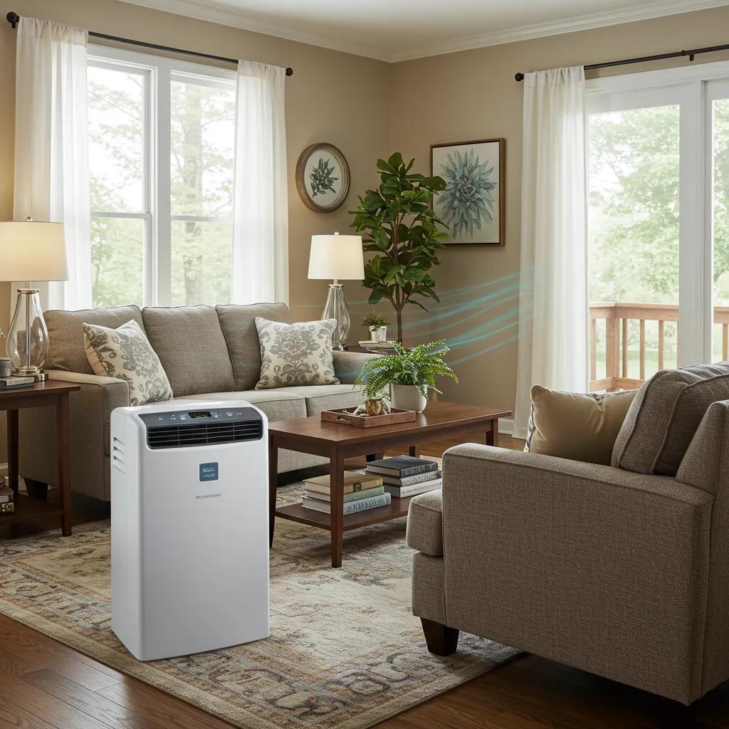 Dehumidifiers Explained: Your Guide to Humidity Control 1 Cozy living room with a whole house dehumidifier, highlighting healthy indoor air quality