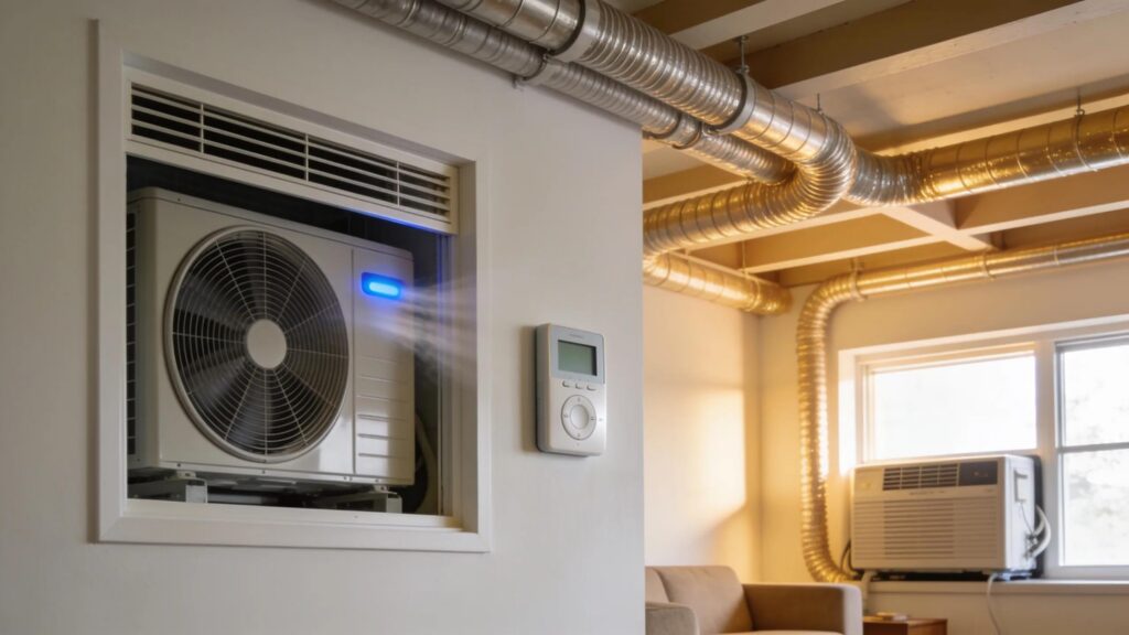 HVAC Longevity Tips: Boost Your HVAC System’s Lifespan 1 Modern HVAC system installation in a residential setting, highlighting efficiency and comfort