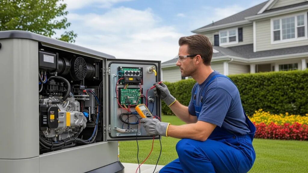 Preventative Generator Maintenance & Service Plans 3 Technician performing generator maintenance in a residential setting